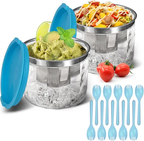 Vista 12 de INNOVATIVE LIFE Gran cuenco de ensalada con base enfriadora de hielo y tapa, bandeja refrigerada de cocina para verduras con dos cucharas largas