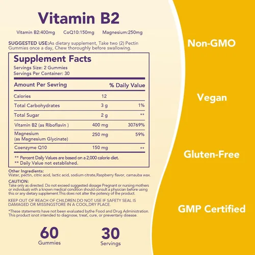Vista 5 de Gomitas de vitamina B2 de 400 mg Riboflavina 400 mg con CoQ10 150 mg, magnesio 200 mg Vitamina B2 400 mg para niños y adultos, sistema nervioso
