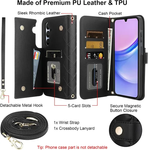 Vista 8 de Vofolen Funda para teléfono Samsung Galaxy A15 5G con tarjetero negro