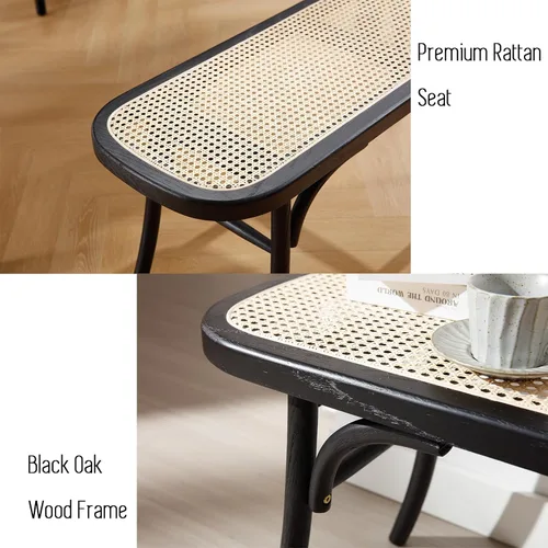 Vista 6 de Banco de comedor de madera negra con asiento de ratán, banco de acento bohemio para entrada, dormitorio, extremo de cama, ventana de cocina, espacio