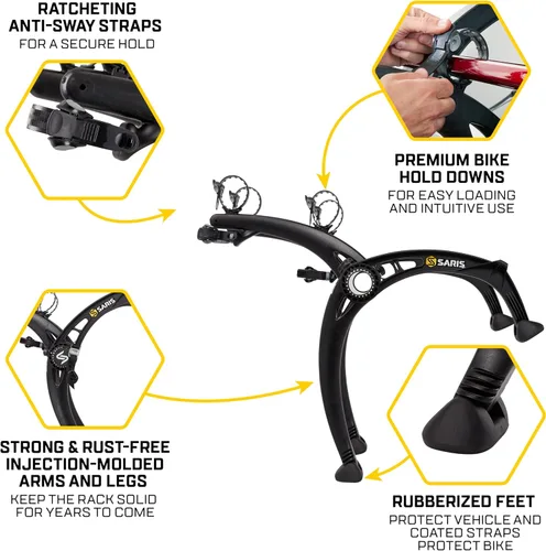 Vista 4 de Saris Bones EX - Portaequipajes para maletero de auto para 2 bicicletas, duradero, libre de óxido, correas anti-balanceo, fabricado en EE. UU.