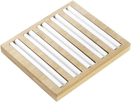 Vista 7 de Soporte de exhibición de anillos de madera de bambú, bandeja organizadora de aretes, regalo ideal para niñas y mujeres, soporte rectangular