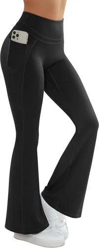 Vista 4 de RXRXCOCO Leggings acampanados con espalda en V para mujer, pantalones de yoga de cintura alta, pantalones de entrenamiento con bolsillos