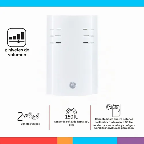 Vista 2 de Kit de timbre inalámbrico GE, receptor enchufable, timbre de puerta con 1 botón, timbre de puerta con 2 melodías, 4 niveles de volumen, timbre