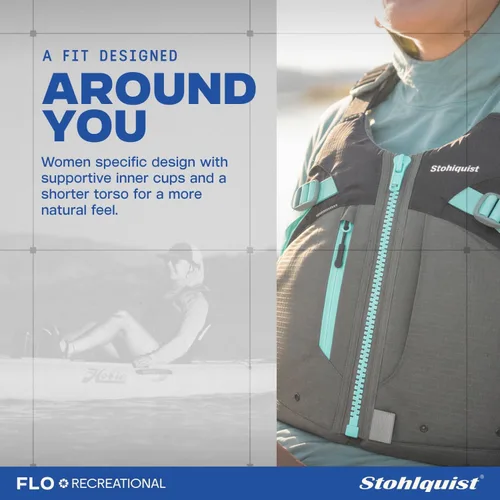 Vista 6 de Stohlquist Chaleco salvavidas PFD para mujer, 8 puntos de ajuste para un ajuste definitivo, carcasa exterior Ripstop, flotación de espalda alta Gris