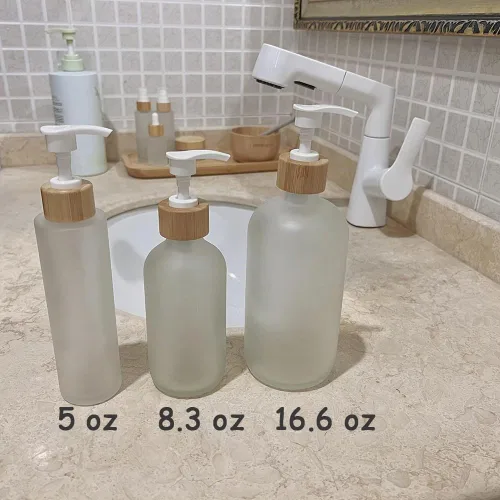 Vista 5 de 2 botellas de vidrio esmerilado rellenables vacías de 8.5 fl oz/8.3 onzas, contenedor de botellas de almacenamiento con cabezal de bomba de tornillo
