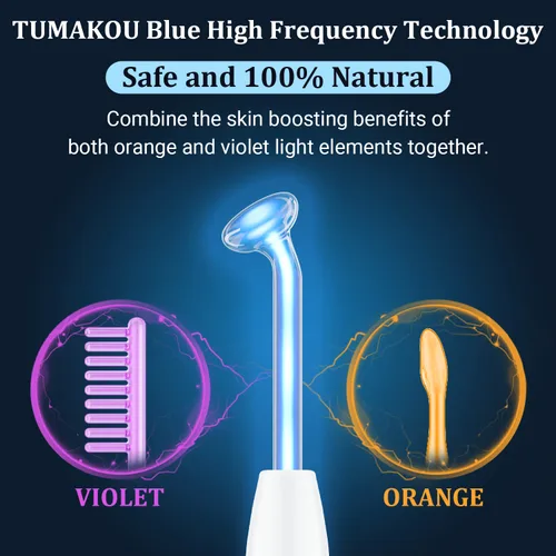 Vista 2 de TUMAKOU - Varita facial de alta frecuencia, portátil de mano azul de alta frecuencia, 4 tubos de vidrio azul diferentes para la piel