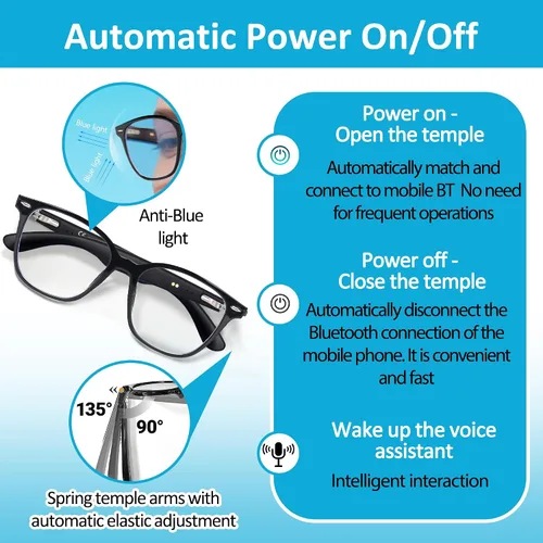 Vista 3 de Lentes Bluetooth inteligentes AI con altavoces de oído abierto y asistente de voz, traducción en tiempo real, lentes de luz anti-azul para negocios