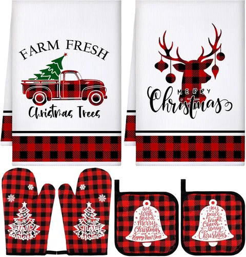 Vista 8 de Bencailor Juego de Cocina Navideño de 6 Piezas Toallas de Cocina con Árbol de Navidad Guantes de Horno y Agarraderas Juego de Paños de Cocina