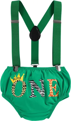 Vista 3 de IMEKIS Traje de 1er cumpleaños para bebés niños con estampado de animales de safari en la selva, mameluco, tirantes, pantalones cortos, sombrero, 4