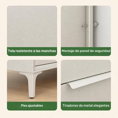 Vista 8 de Naima - Cómoda de tela premium - Marco de metal resistente, 5 cajones espaciosos a prueba de hundimiento con elegantes asas de metal - Solución