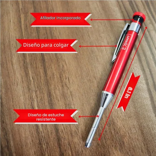 Vista 2 de Lápiz de carpintero mecánico de metal EXcraft rojo con agujero profundo con sacapuntas integrado para arquitecto, construcción, carpintería