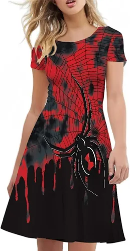 Vista 3 de Amzprint Disfraz de Halloween de calavera de azúcar y esqueleto con huesos cruzados de rosa, elegante, casual, minivestido acampanado para fiesta