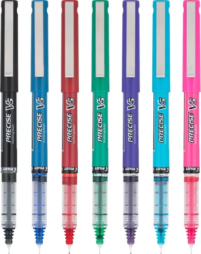 Vista 2 de Bolígrafos Pilot Precise V5 con tapa de tinta líquida, bolígrafos de punta extrafina 0.5 mm, bolígrafos de colores, colores surtidos, paquete de 7