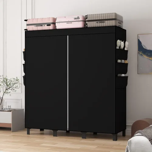 Vista 6 de Armario portátil, caja de almacenamiento de ropa, armario simple para colgar ropa, múltiples estantes y 3 barras, 6 bolsillos laterales (negro)