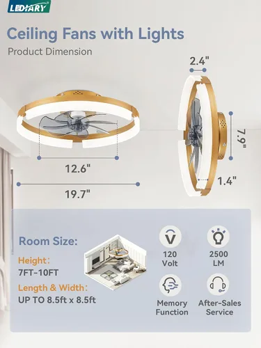 Vista 6 de LEDIARY Ventiladores de techo de bajo perfil de 19.7 pulgadas con luces y control remoto, 6 velocidades, 3 CCT, reversible, regulable, ventilador