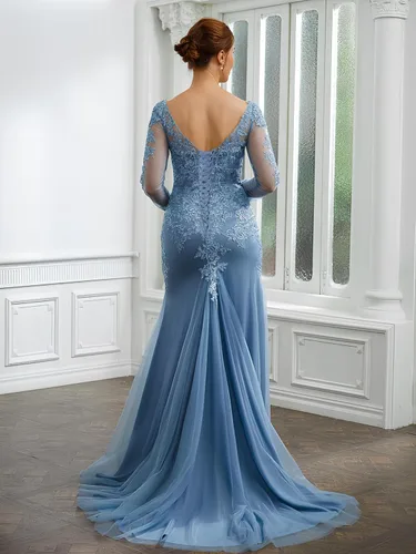 Vista 4 de Vestidos de fiesta de sirena para mujer, con apliques de encaje, tul de manga larga, vestido de noche formal