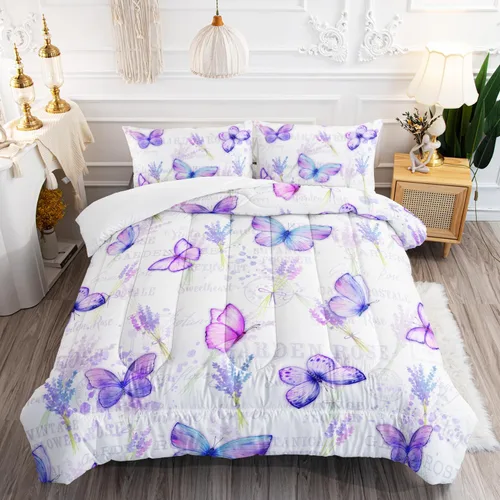 Vista 2 de Juego de edredón de mariposa tamaño individual para niñas, niños y adultos, juego de ropa de cama con patrón de flores de lavanda, juego de cama