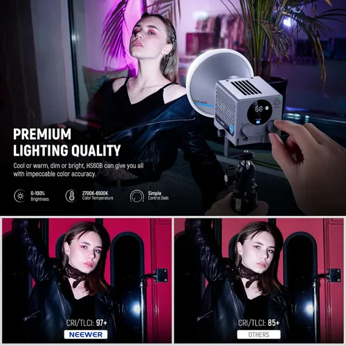 Vista 3 de NEEWER HS60B Mini Luz de Video con Control de Aplicación, Luz LED COB Bi-Color Portátil de Salida Continua de 60W con 35000lux/1m 2700-6500K 0-100%