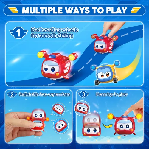 Vista 6 de Super Wings Juguetes, 4 PCS Super Pet Set, Resplandor y Cambio de Cara Transformable Juguetes Jett Donnie Paul Dizzy Pet, Juguetes Apilables
