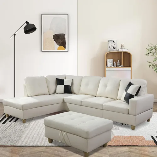 Vista 9 de Juego de sofá seccional de cuero para sala de estar, juego de 3 piezas con almacenamiento otomano negro para sala de estar/dormitorio/apartamento