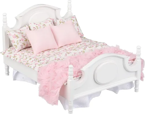 Vista 8 de Juego de ropa de cama tamaño Queen, mini accesorios de dormitorio para muñecas de 6 pulgadas, ropa de cama gris, marco de madera blanco, escala 1/12
