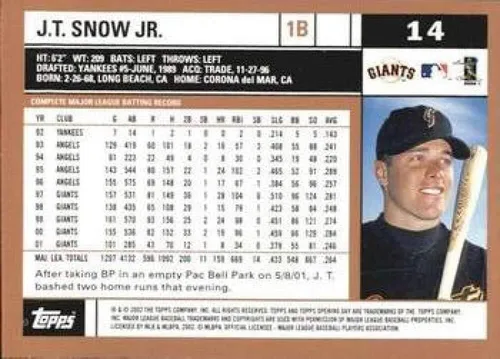 Vista 2 de 2002 Topps Opening Day Baseball #14 J.T. Snow San Francisco Giants Official MLB Trading Card From Topps