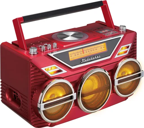 Vista 3 de Retro Studebaker Avanti Stereo Boombox con CD, radio estéreo FM, recepción y transmisión Bluetooth, espectáculo de luz LED y subwoofer de 15 W