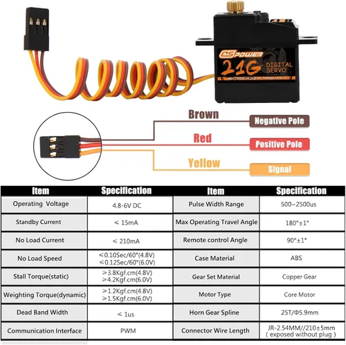 Vista 5 de 2 piezas de servo digital mini 21G, kit de motor de servos micro RC de engranaje de dirección de metal completo con cuerno de servo de 25T
