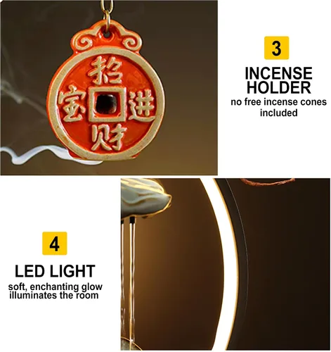 Vista 5 de Fuente interior de mesa con grúa, fuente de cascada, quemador de incienso, decoración de Feng Shui para buena suerte, fuente de cerámica con luz