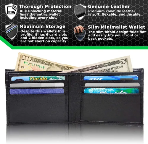 Vista 2 de Cartera RFID de cuero genuino plegable con 6 ranuras - Carteras protectoras para hombre, Negro