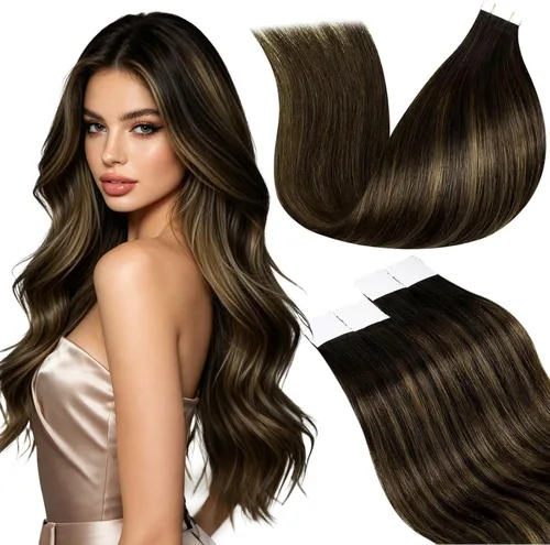 Vista 27 de LaaVoo Extensiones adhesivas de cabello humano real, color negro azabache, extensiones de cabello humano liso y sedoso, 10 pulgadas, 20