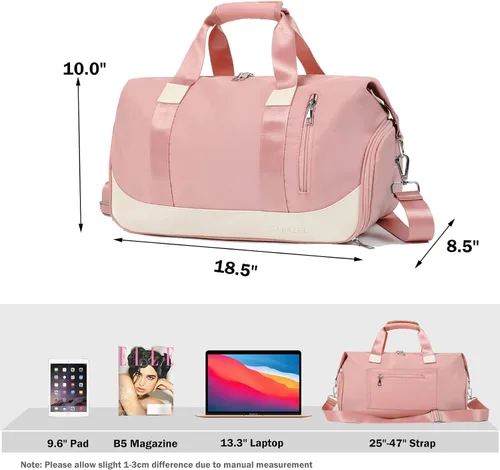 Vista 5 de Bolsa deportiva para gimnasio, bolsa de viaje con bolsillo húmedo y compartimento para zapatos, bolsa de fin de semana para mujeres y hombres, Rosado