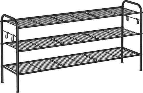 Vista 10 de SONGMICS Zapatero de 2 niveles, organizador de zapatos de metal con 4 ganchos laterales, capacidad para 10 pares de zapatos, zapatero de altura