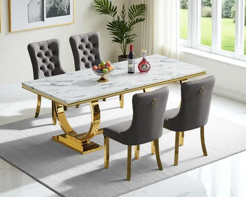 Vista 35 de Juego de mesa de comedor de mármol para 4, mesa de cocina rectangular de mármol blanco de 70 pulgadas con base en O de acero inoxidable dorado