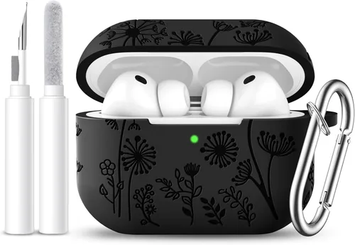 Vista 11 de Lerobo Funda para AirPods 5/4, funda de silicona suave grabada con flores A-Negro