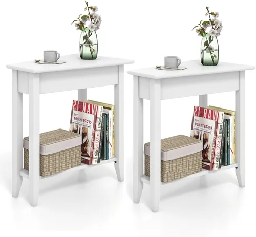 Vista 12 de GOFLAME Mesa auxiliar de cuña de 2 niveles, mesa auxiliar triangular estrecha con estante de almacenamiento, patas de madera maciza, mesita