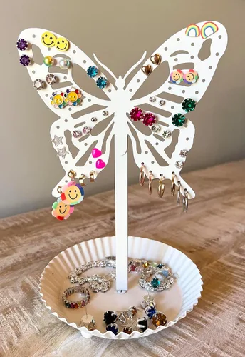 Vista 2 de Top Brass Organizador de pendientes de mariposa Metal Standing Jewelry Tree Display con bandeja de anillo (blanco)