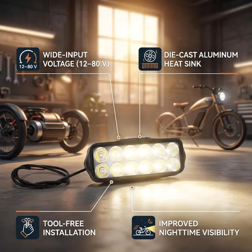 Vista 8 de Keenso Faro delantero, universal 12 V-100 V 1200 lm de alto brillo luz eléctrica bicicleta luces LED para motocicleta, bicicleta eléctrica, triciclo
