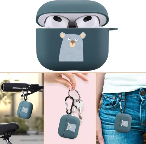 Vista 6 de Bonita funda de oso compatible con AirPods 3 con llavero, diseño de animales de dibujos animados, funda de TPU suave para AirPods de tercera