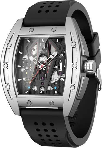 Vista 3 de Relojes automáticos para hombre Tonneau Skeleton Square Cara grande Reloj de pulsera casual impermeable con banda de silicona, caja de acero