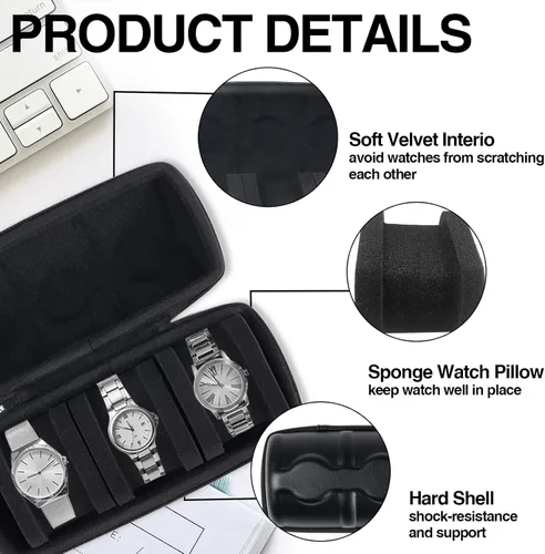 Vista 3 de Funda de viaje para hombre, funda de viaje de piel sintética, organizador de caja de reloj con almohadas de reloj, soporte portátil para regalo