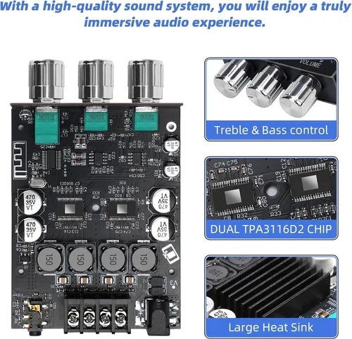 Vista 3 de ZK-1002T Placa de amplificador estéreo Bluetooth 5.0, módulo de mini amplificador de audio de 200 W HiFi de 2.0 canales con control de agudos