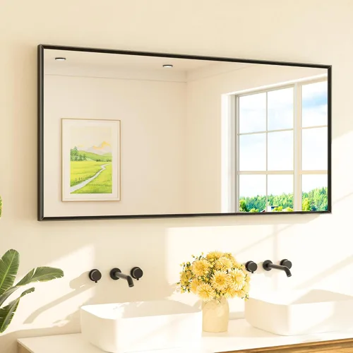 Vista 78 de TETOTE Espejo de baño dorado cepillado de 20" x 30", espejo de tocador de baño rectangular de latón dorado cepillado con marco biselado para sobre