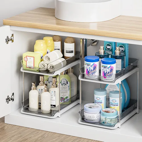 Vista 18 de Delamu Organizadores y Almacenamiento Multiusos de 2 Niveles para Debajo del Fregadero del Baño, Organización Apilable de Despensa de Cocina