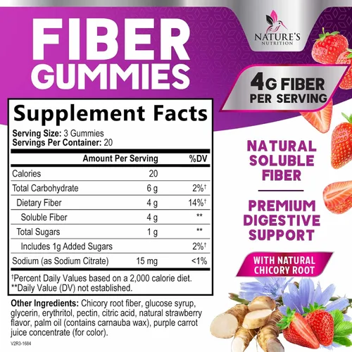 Vista 2 de Gomitas de fibra para adultos – Fibra soluble 0.14 oz por porción – Suplemento de fibra prebiótica a base de plantas para salud digestiva, salud
