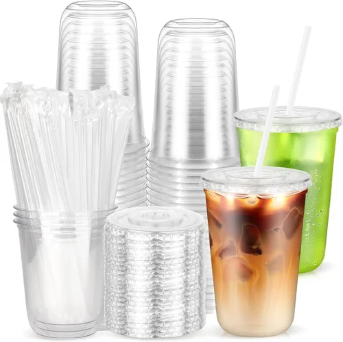Vista 20 de Paquete de 25 vasos desechables de plástico transparente con tapas y pajitas, tazas de café helado de fondo redondo de 12 onzas, tazas de bebidas