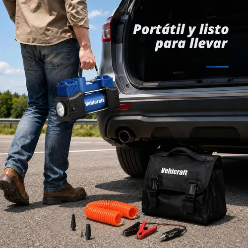 Vista 5 de Inflador de neumáticos de 12 V, bomba de aire de doble cilindro de 150 PSI para automóvil, SUV, RV Azul