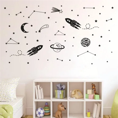 Vista 5 de Calcomanías de pared de cohete para niños, calcomanías de vinilo extraíbles con nave espacial, planetas, luna, estrellas y constelaciones