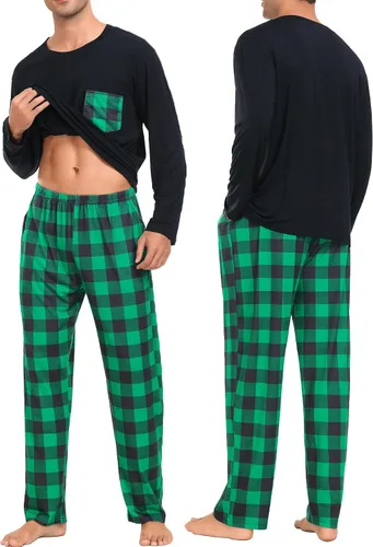 Vista 3 de SWOMOG Pijamas de Navidad para adultos, pantalones de pijama a cuadros con bolsillos, camisetas de manga larga para parejas y familia